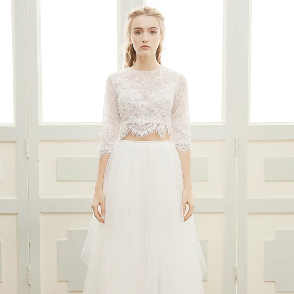 2 Pièces Plage Robe De Mariée 2017 Princesse Longue Encolure Dégagée 3/4 Manches Perle En Dentelle Appliques
