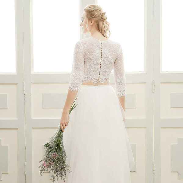 2 Pièces Plage Robe De Mariée 2017 Princesse Longue Encolure Dégagée 3/4 Manches Perle En Dentelle Appliques