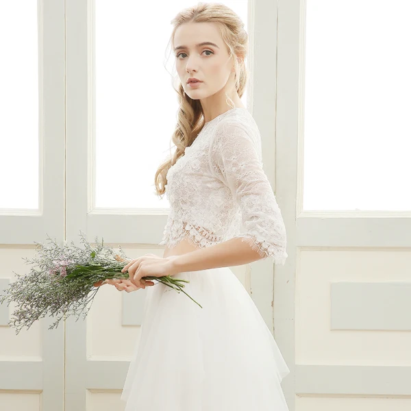 2 Pièces Plage Robe De Mariée 2017 Princesse Longue Encolure Dégagée 3/4 Manches Perle En Dentelle Appliques