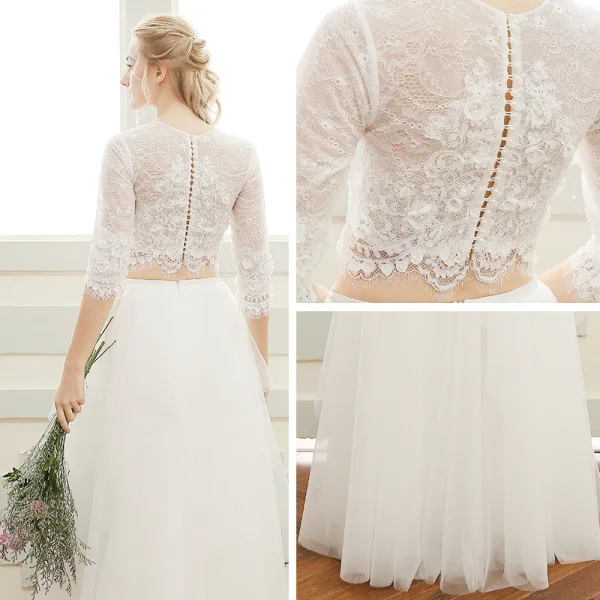 2 Pièces Plage Robe De Mariée 2017 Princesse Longue Encolure Dégagée 3/4 Manches Perle En Dentelle Appliques