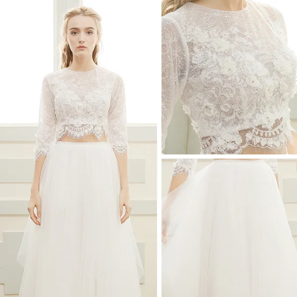 2 Pièces Plage Robe De Mariée 2017 Princesse Longue Encolure Dégagée 3/4 Manches Perle En Dentelle Appliques