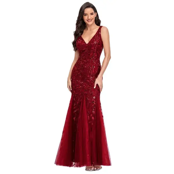 Chic / Beautiful Burgundy Sequins Evening Dresses 2023 Trumpet / Mermaid V-Neck Sleeveless Backless Floor-Length / Long Evening Party Formal Dresses