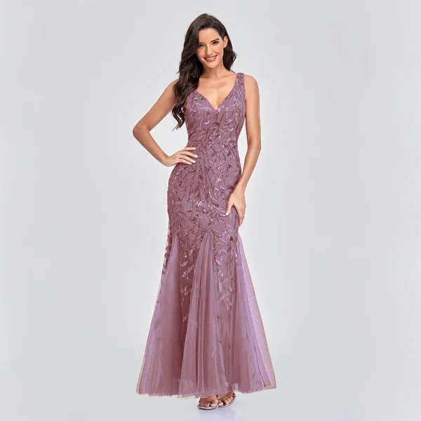 Chic / Beautiful Burgundy Sequins Evening Dresses 2023 Trumpet / Mermaid V-Neck Sleeveless Backless Floor-Length / Long Evening Party Formal Dresses