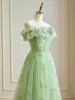 Flower Fairy Floral Sage Green Prom Dresses 2024 Ruffle Lace Floor-Length / Long Crossed Straps Off-The-Shoulder Homecoming A-Line / Princess Formal Dresses