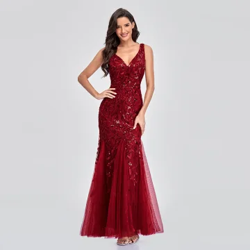 Chic Belle Bordeaux Paillettes Robe De Soirée 2023 Trompette Sirène V Cou Sans Manches Dos Nu Longue Soirée Robe De Ceremonie