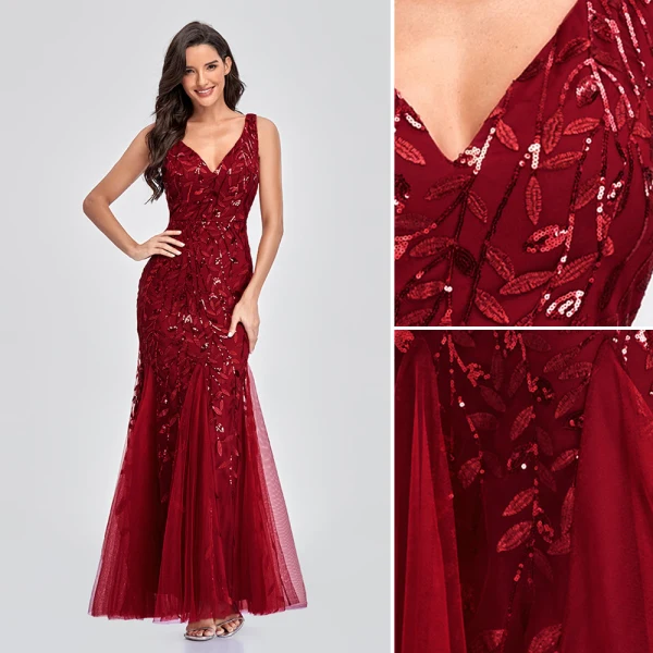 Chic / Beautiful Burgundy Sequins Evening Dresses 2023 Trumpet / Mermaid V-Neck Sleeveless Backless Floor-Length / Long Evening Party Formal Dresses