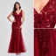 Chic / Beautiful Burgundy Sequins Evening Dresses 2023 Trumpet / Mermaid V-Neck Sleeveless Backless Floor-Length / Long Evening Party Formal Dresses
