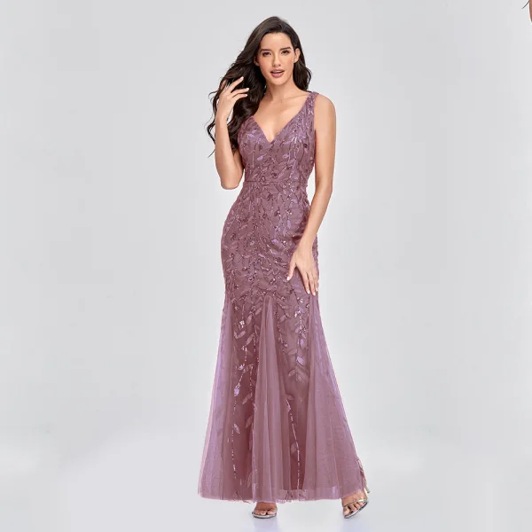 Chic / Beautiful Burgundy Sequins Evening Dresses 2023 Trumpet / Mermaid V-Neck Sleeveless Backless Floor-Length / Long Evening Party Formal Dresses