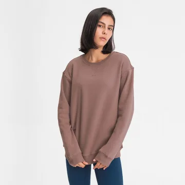 Toevallig Dames Effen Kleur Bruin Sweatshirts 2021 Los Ronde Hals Lange Mouwen Katoen Vallen Winter Topjes