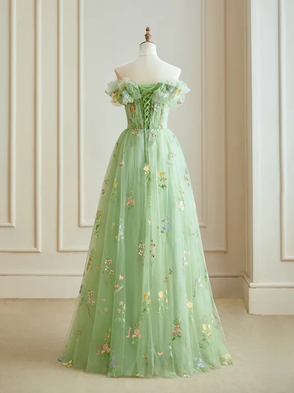 Flower Fairy Floral Sage Green Prom Dresses 2024 Ruffle Lace Floor-Length /  Long Crossed Straps Off-