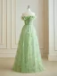 Flower Fairy Floral Sage Green Prom Dresses 2024 Ruffle Lace Floor-Length / Long Crossed Straps Off-The-Shoulder Homecoming A-Line / Princess Formal Dresses