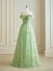 Wróżka Kwiatowa Kwiatowy Szałwia Zielony Sukienki Na Bal 2024 Wzburzyć Koronkowe Długie Skrzyżowane Pasy Przy Ramieniu Homecoming Princessa Sukienki Wizytowe