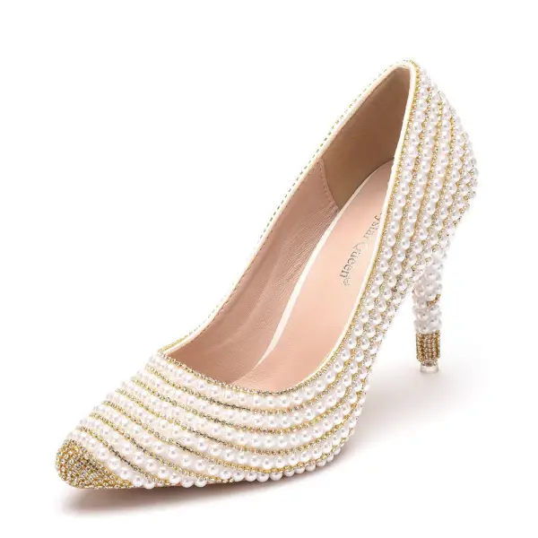 Elegante Goud Rhinestone Parel Bruidsschoenen 2023 9 cm Naaldhakken / Stiletto Spitse Neus Huwelijk Pumps Hoge Hakken