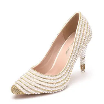 Eleganta Guld Rhinestone Pärla Brudskor 2025 9 Cm Stilettklackar Spetsiga Bröllop Pumps Högklackade