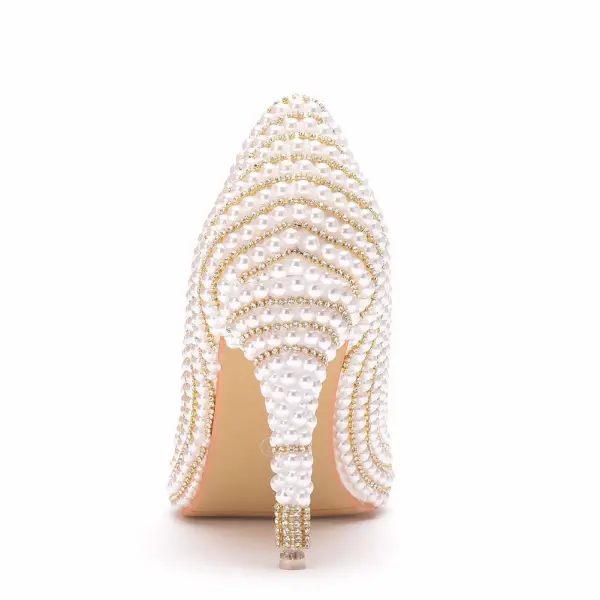 Elegante Goud Rhinestone Parel Bruidsschoenen 2025 9 cm Naaldhakken / Stiletto Spitse Neus Huwelijk Pumps Hoge Hakken
