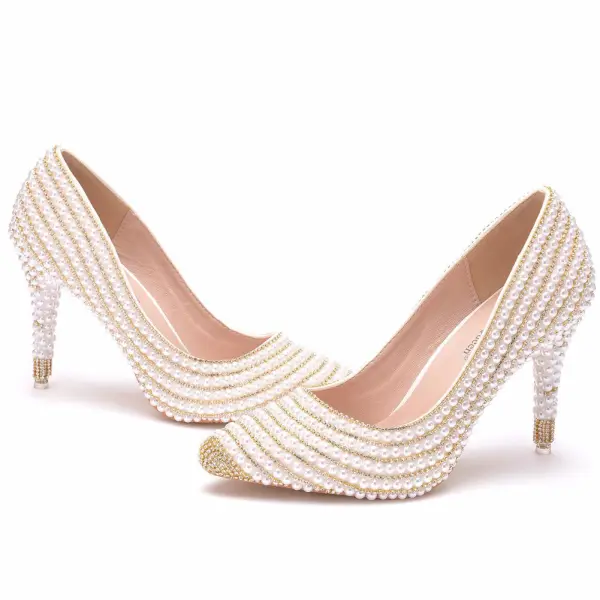 Elegante Goud Rhinestone Parel Bruidsschoenen 2023 9 cm Naaldhakken / Stiletto Spitse Neus Huwelijk Pumps Hoge Hakken