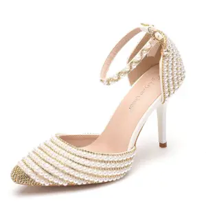 Uroczy Seksowne Złote Perła Rhinestone Lato Buty Ślubne 2023 Z Paskiem 9 Cm Szpilki Szpiczaste Ślub Wysokie Obcasy
