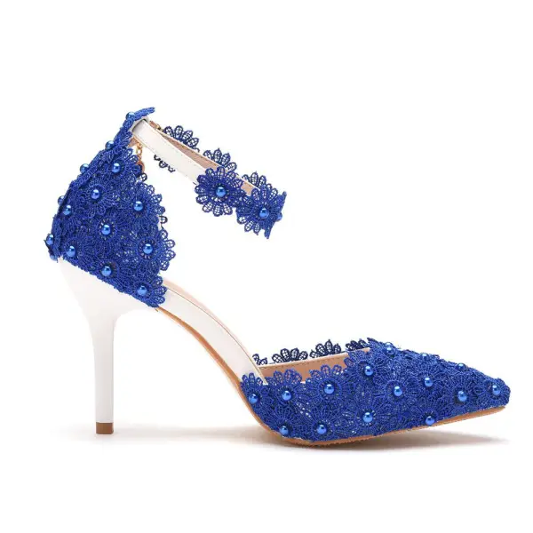 Élégant Blanche Perle En Dentelle Fleur Chaussure De Mariée 2023 Bride Cheville 9 cm Talons Aiguilles À Bout Pointu Mariage Talons Hauts