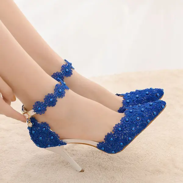 Élégant Blanche Perle En Dentelle Fleur Chaussure De Mariée 2023 Bride Cheville 9 cm Talons Aiguilles À Bout Pointu Mariage Talons Hauts