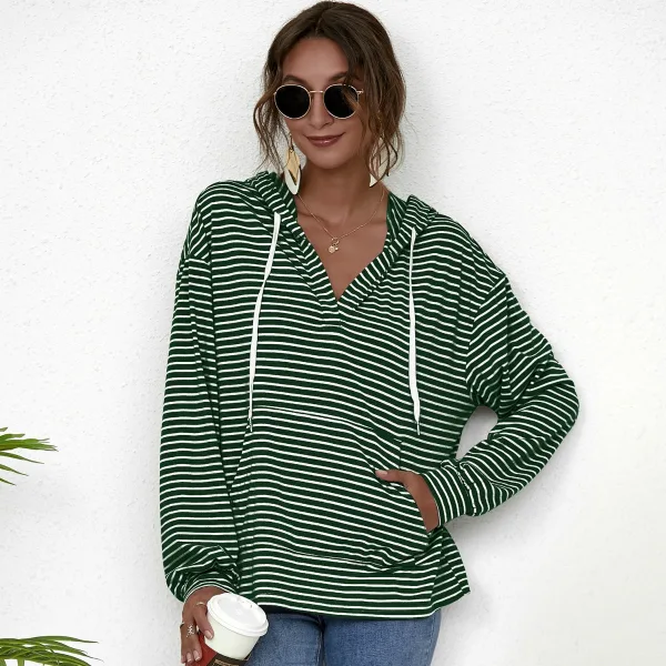 Fashion Casual Women White Stripe Sweatshirts Hoodies 2021 V-Neck Hooded Zipper Fall Long Sleeve Loose Tops