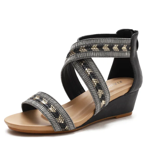 Romain Doré Soirée Tresser Sandales Femme 2022 5 cm Compensées Peep Toes / Bout Ouvert Sandales