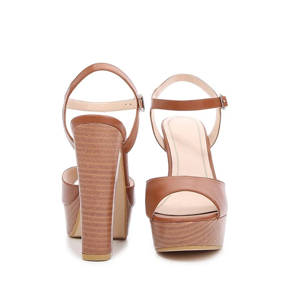 Fashion Brown Street Wear Summer Womens Sandals 2022 Ankle Strap 12 cm Thick Heels Open / Peep Toe Sandals High Heels