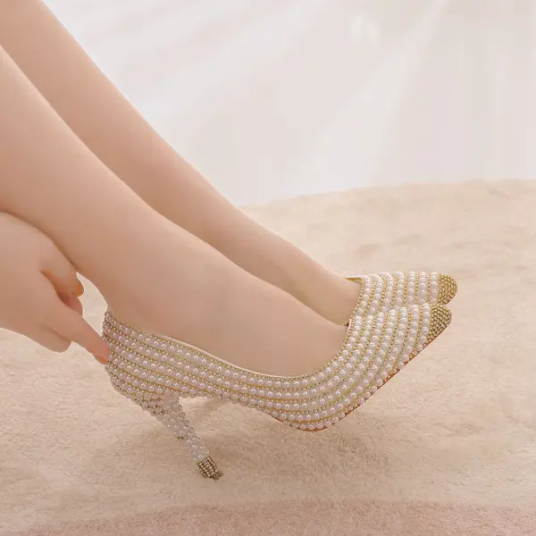 Elegante Goud Rhinestone Parel Bruidsschoenen 2025 9 cm Naaldhakken / Stiletto Spitse Neus Huwelijk Pumps Hoge Hakken