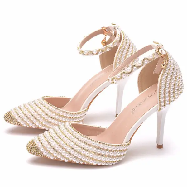 Charmant Sexy Gold Perle Strass Sommer Brautschuhe 2023 Knöchelriemen 9 cm Stilettos Spitzschuh Hochzeit Hochhackige