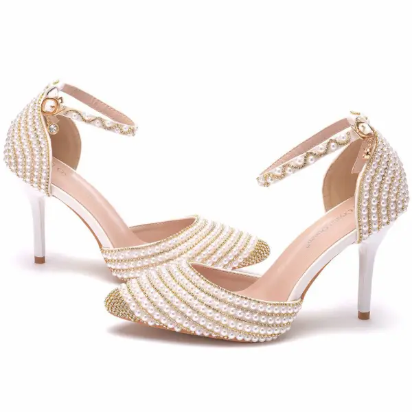 Charmant Sexy Gold Perle Strass Sommer Brautschuhe 2023 Knöchelriemen 9 cm Stilettos Spitzschuh Hochzeit Hochhackige