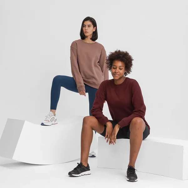 Casual Women Solid Color Brown Sweatshirts 2021 Loose Scoop Neck Long Sleeve Cotton Fall Winter Tops