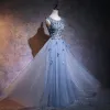 Affordable Evening Party Evening Dresses  2017 Sky Blue A-Line / Princess Floor-Length / Long Scoop Neck Sleeveless Backless Beading Bow Lace Appliques