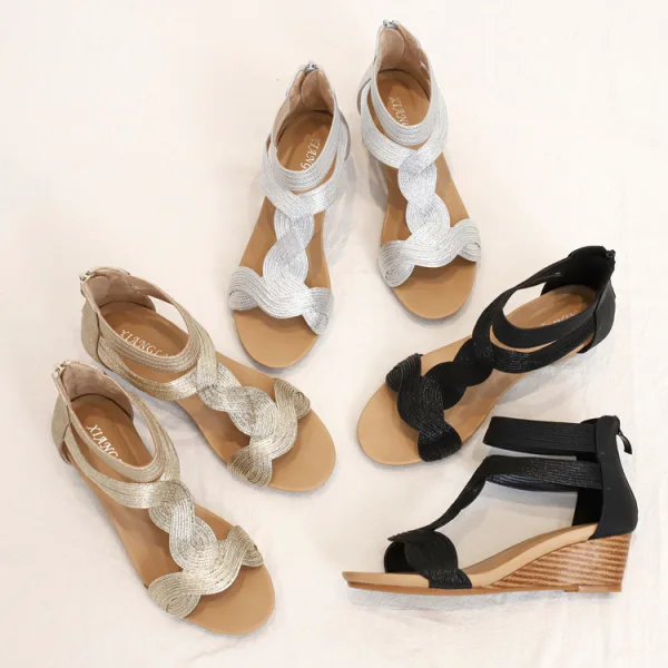 Roman Gold Summer Street Wear Womens Sandals 2022 5 cm Wedges T-Strap Open / Peep Toe Sandals