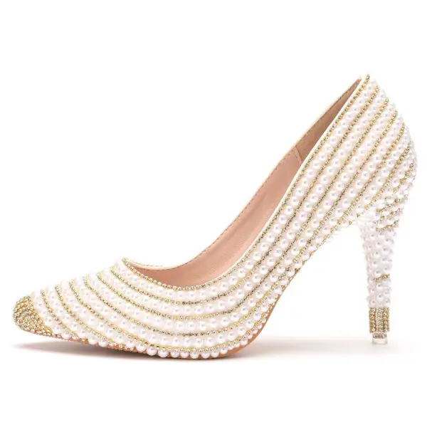 Elegante Goud Rhinestone Parel Bruidsschoenen 2023 9 cm Naaldhakken / Stiletto Spitse Neus Huwelijk Pumps Hoge Hakken
