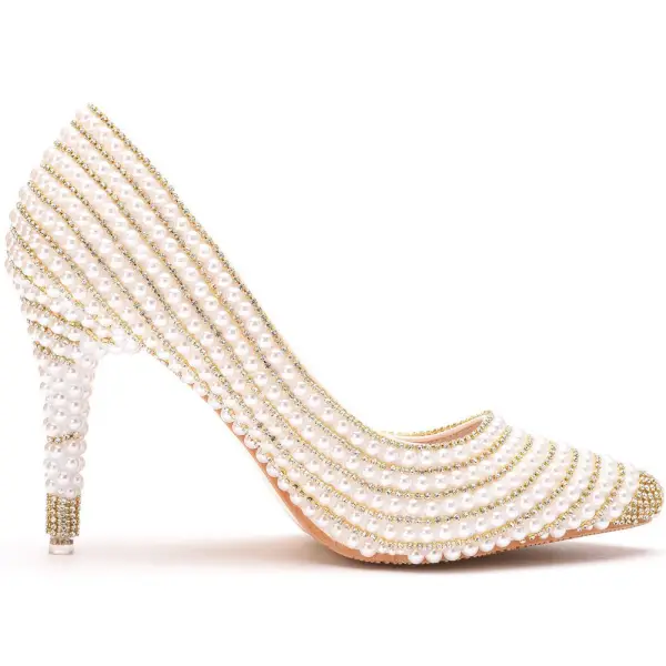 Elegante Goud Rhinestone Parel Bruidsschoenen 2025 9 cm Naaldhakken / Stiletto Spitse Neus Huwelijk Pumps Hoge Hakken