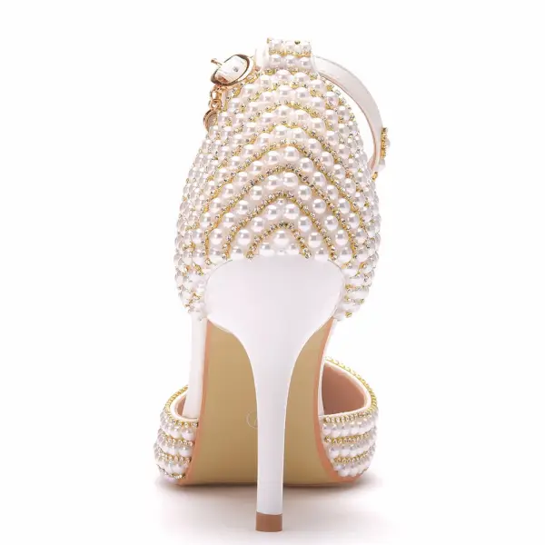 Charmant Sexy Gold Perle Strass Sommer Brautschuhe 2023 Knöchelriemen 9 cm Stilettos Spitzschuh Hochzeit Hochhackige