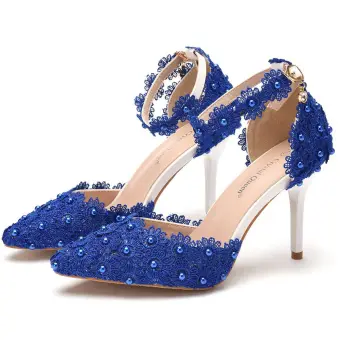 Chic Beautiful Royal Blue Pearl Lace Flower Summer Prom Womens Sandals 2023 Ankle Strap 9 Cm Stiletto Heels Pointed Toe High Heels