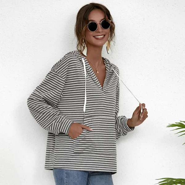 Fashion Casual Women White Stripe Sweatshirts Hoodies 2021 V-Neck Hooded Zipper Fall Long Sleeve Loose Tops