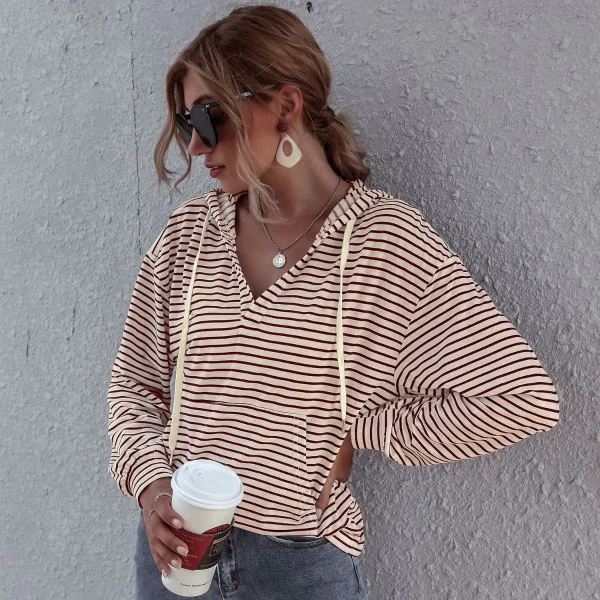 Fashion Casual Women White Stripe Sweatshirts Hoodies 2021 V-Neck Hooded Zipper Fall Long Sleeve Loose Tops