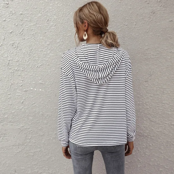 Fashion Casual Women White Stripe Sweatshirts Hoodies 2021 V-Neck Hooded Zipper Fall Long Sleeve Loose Tops