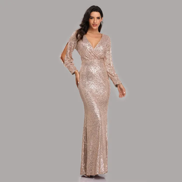 Sparkly Black Sequins Evening Dresses 2023 Trumpet / Mermaid V-Neck Long Sleeve Floor-Length / Long Evening Party Formal Dresses