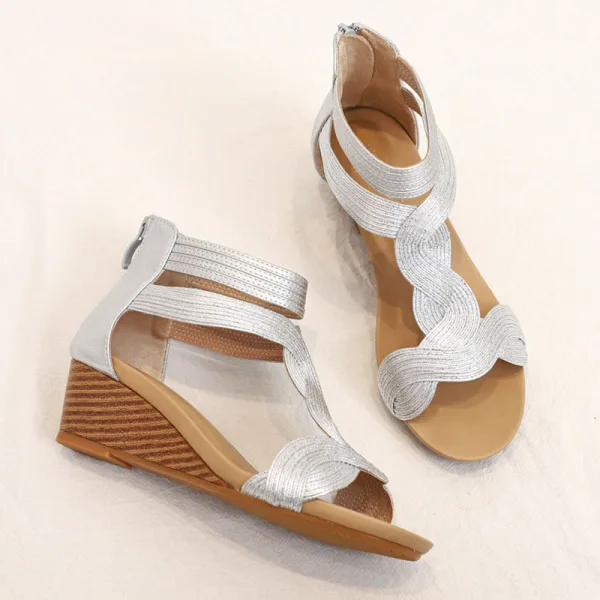 Roman Gold Summer Street Wear Womens Sandals 2022 5 cm Wedges T-Strap Open / Peep Toe Sandals