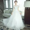 Chic / Beautiful Church Hall Wedding Dresses 2017 White A-Line / Princess Cathedral Train Off-The-Shoulder Short Sleeve Backless Lace Appliques Rhinestone