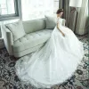 Chic / Beautiful Church Hall Wedding Dresses 2017 White A-Line / Princess Cathedral Train Off-The-Shoulder Short Sleeve Backless Lace Appliques Rhinestone