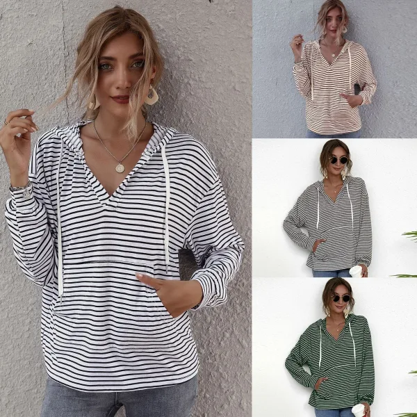Fashion Casual Women White Stripe Sweatshirts Hoodies 2021 V-Neck Hooded Zipper Fall Long Sleeve Loose Tops
