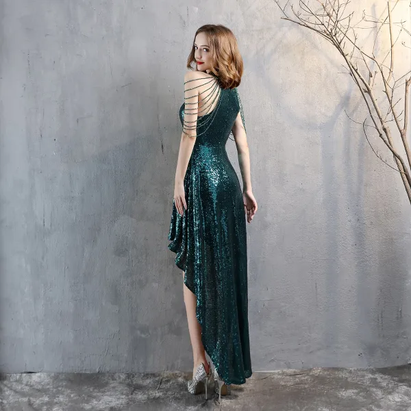 Chic / Belle Vert Foncé Paillettes Robe De Fête 2022 Princesse Encolure Dégagée Perlage Gland Sans Manches Asymétrique Soirée Robe De Soirée Robe De Ceremonie