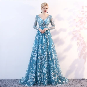 Élégant Bleu Transparentes Robe De Soirée 2018 Princesse V Cou Manches Longues Appliques En Dentelle Train De Balayage Volants Dos Nu Robe De Ceremonie