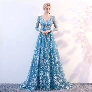Élégant Bleu Transparentes Robe De Soirée 2018 Princesse V Cou Manches Longues Appliques En Dentelle Train De Balayage Volants Dos Nu Robe De Ceremonie