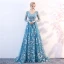 Élégant Bleu Transparentes Robe De Soirée 2018 Princesse V-Cou Manches Longues Appliques En Dentelle Train De Balayage Volants Dos Nu Robe De Ceremonie