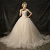 Chic / Beautiful Wedding Dresses 2017 Beading Lace Appliques Backless Square Neckline Short Sleeve Church Ball Gown Cathedral Train