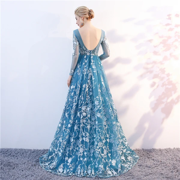 Élégant Bleu Transparentes Robe De Soirée 2018 Princesse V-Cou Manches Longues Appliques En Dentelle Train De Balayage Volants Dos Nu Robe De Ceremonie